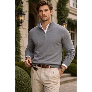 Michael Kors Mens Gray Waffle Knit 1/4 Zip Mock Neck Pullover Sweater Sz Medium
